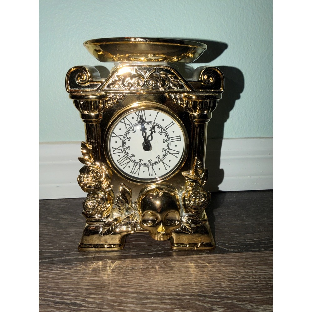 Bath and Body Works Candle Holder Skull Mantel Clock Glow Dark Gold 3-Wick
